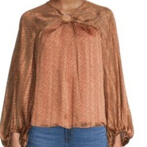 Bailey/44 Peach & Tan Smocked‎ Puff Sleeve Top Gold Accent, Elastic Wrist New